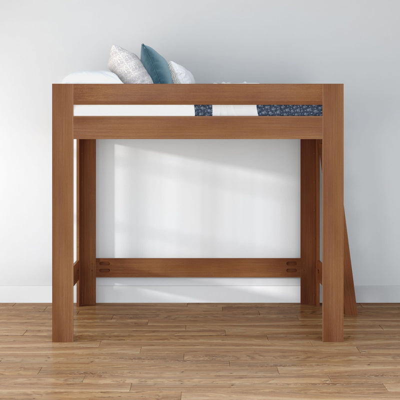 Solid wood twin loft bed in oak with mattress and pillows, modern space-saving children's bedroom furniture on hardwood floor