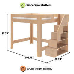 Loft bed with built-in storage stairs and open shelving, natural wood finish, 72.75" H x 102.75" L x 62.25" D, 800 lb capacity, space-saving bedroom furniture