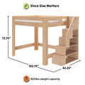 Loft bed with built-in storage stairs and open shelving, natural wood finish, 72.75" H x 102.75" L x 62.25" D, 800 lb capacity, space-saving bedroom furniture