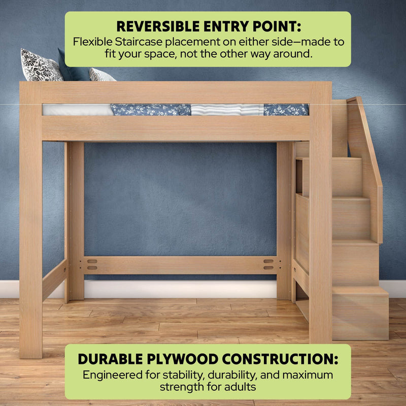 Loft bed with stairs — durable plywood construction, reversible entry staircase with built-in storage steps, space-saving adult-height platform bed for small bedrooms