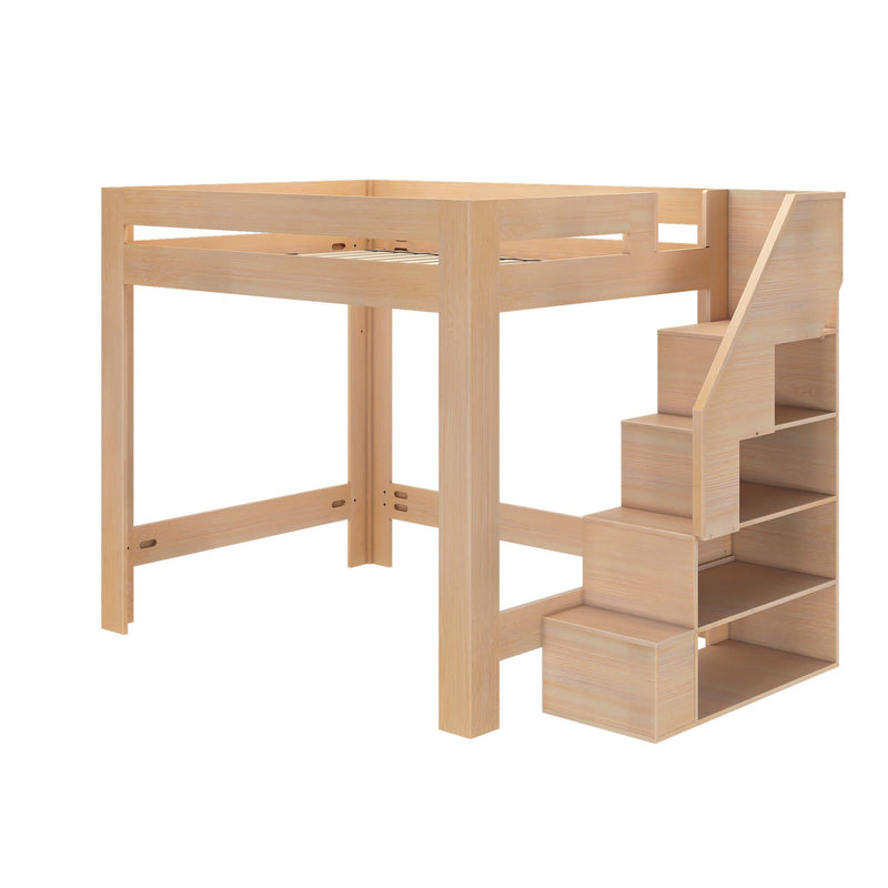 Light wood loft bed with built-in staircase and open storage shelves, space-saving kids' loft bed for small bedrooms