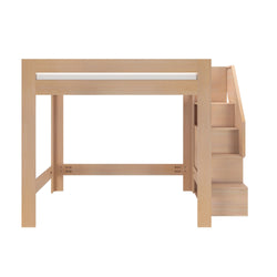 Light wood loft bed with integrated staircase and platform frame, space-saving kids' bedroom furniture