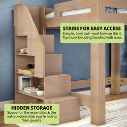 Light wood bunk bed staircase with built-in hidden storage shelves, space-saving kids' bedroom furniture and easy top-bunk access