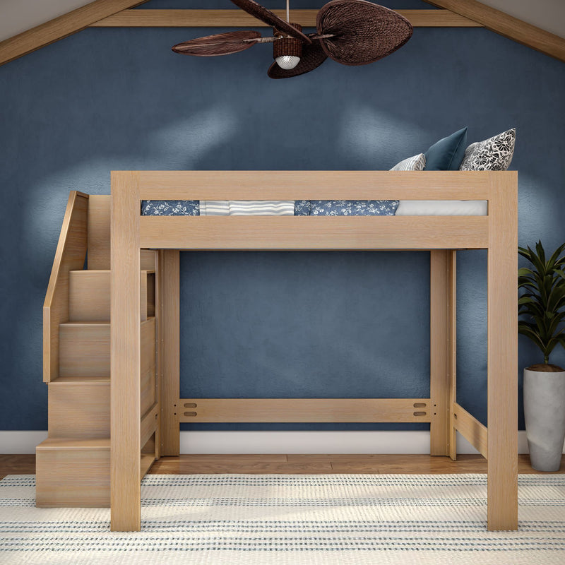 Natural wood loft bed with staircase and storage, space-saving twin loft bed for kids' room with navy blue accent wall