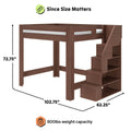 Dark brown wood loft bed with built-in staircase storage and shelving, space-saving raised platform design, dimensions 72.75" H x 102.75" L x 62.25" D, 800 lb weight capacity