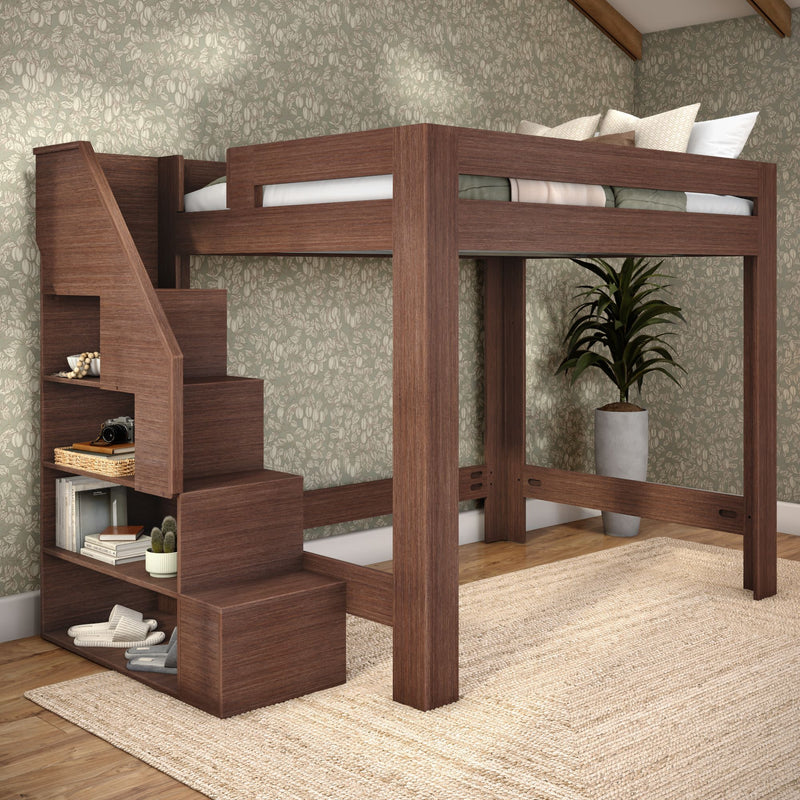 Dark wood loft bed with built-in storage stairs and open shelves, space-saving modern bedroom furniture with patterned wallpaper