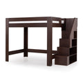 Dark brown wood loft bed with built-in staircase storage, white mattress and open under-bed space, modern sturdy frame