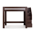 Dark espresso solid wood loft bed with built-in staircase and safety rail, a space-saving bedroom furniture and storage solution