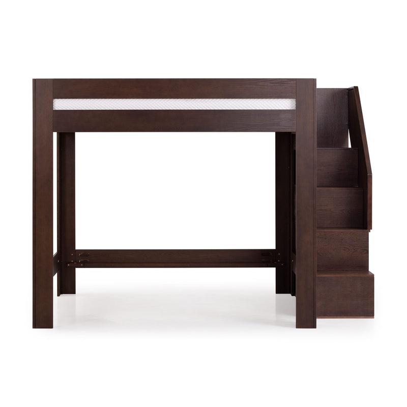 Dark espresso solid wood loft bed with built-in staircase and safety rail, a space-saving bedroom furniture and storage solution