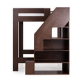 Dark brown wooden loft bunk bed with angled staircase and integrated open storage shelves, modern kids bedroom furniture