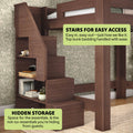 Dark wood loft bunk bed with built-in staircase and hidden cubby storage — space-saving kids' bedroom furniture for small rooms