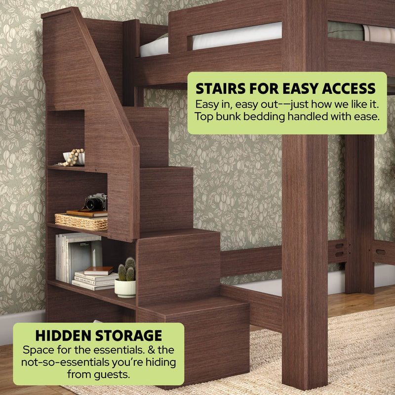 Dark wood loft bunk bed with built-in staircase and hidden cubby storage — space-saving kids' bedroom furniture for small rooms