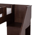 Close-up of dark brown wooden bunk bed side panel with ladder and guardrail, white mattress edge and textured wood grain — modern kids' bedroom furniture