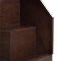 Close-up of dark brown wood grain corner on a modern wooden shelf with rich walnut finish and beveled edge