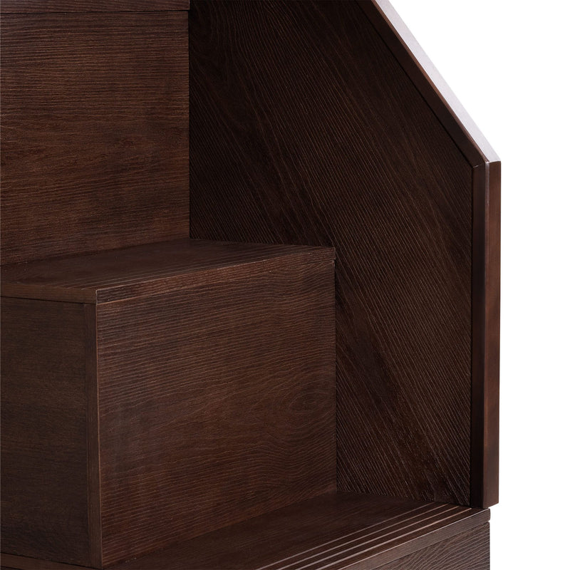 Close-up of dark brown wood grain corner on a modern wooden shelf with rich walnut finish and beveled edge