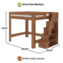 Space-saving wooden loft bed with staircase storage and built-in shelves, 800 lb weight capacity, 102.75 in L x 62.25 in W x 72.75 in H, wood finish