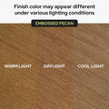 Embossed Pecan wood flooring sample showing textured wood grain and finish color variations under warm light, daylight, and cool light