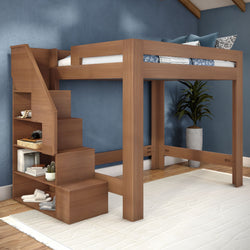 Modern wooden loft bed with built-in storage stairs and open shelves, blue accent wall, potted plant and white rug in children's bedroom