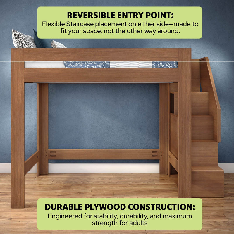 Space-saving wood loft bed with right-side staircase and built-in storage, durable plywood construction engineered for adult strength, reversible entry point and modern wood finish against blue wall