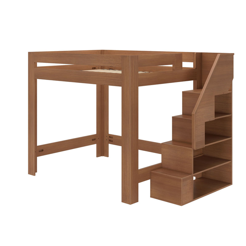 Modern solid wood loft bed with integrated storage staircase and open shelving, space-saving kids' loft bed in warm oak finish