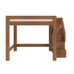 Modern brown wooden loft bed with integrated staircase and under-bed open space for storage or desk