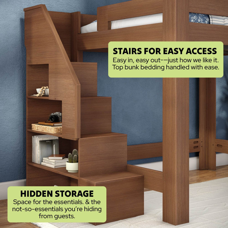 Wooden bunk bed with built-in staircase and hidden storage shelves, a space-saving loft bed solution for kids' bedrooms and small spaces