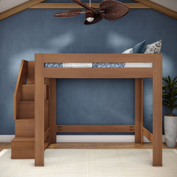 Solid wood loft bed with built-in staircase and storage drawers in a modern kids' bedroom with blue textured wall, ceiling fan and potted plant