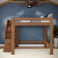 Solid wood loft bed with built-in staircase and storage drawers in a modern kids' bedroom with blue textured wall, ceiling fan and potted plant
