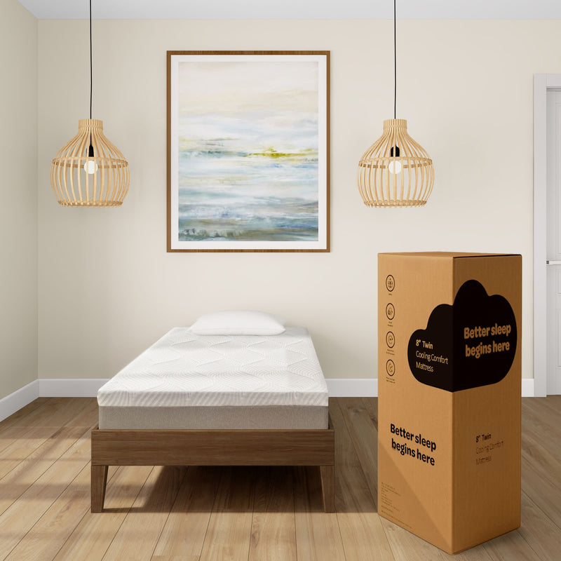 Twin cooling comfort mattress in minimalist bedroom with artwork and wooden flooring.