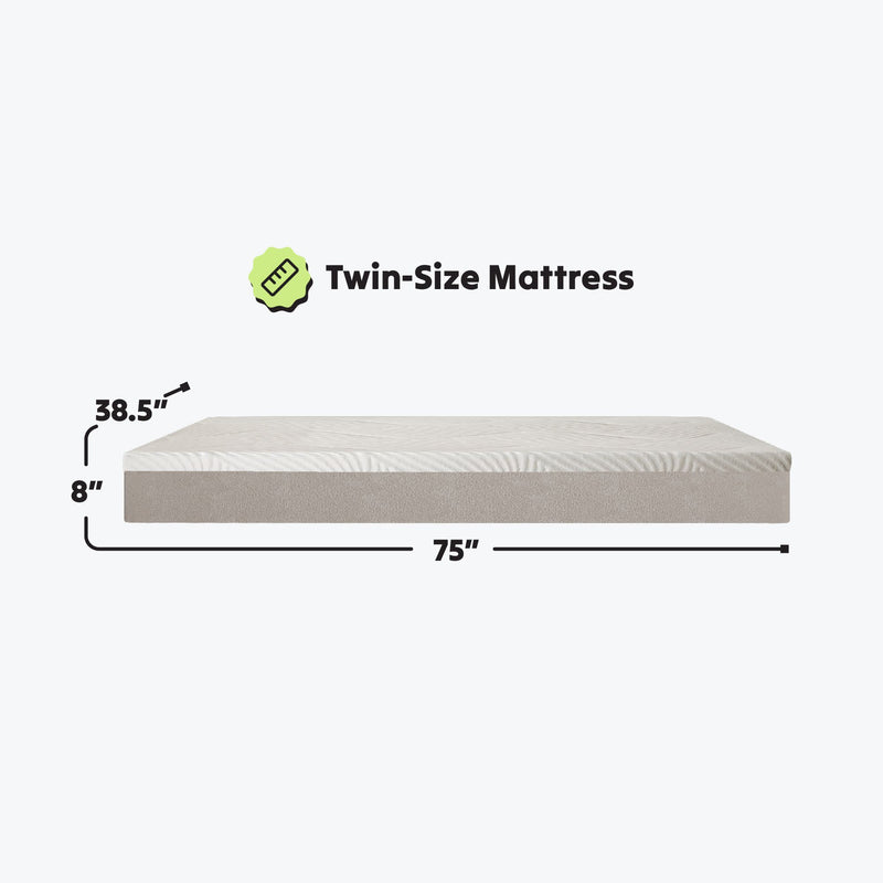 Twin-size mattress dimensions illustration, 38.5 inches by 75 inches by 8 inches, ideal for small bedrooms.