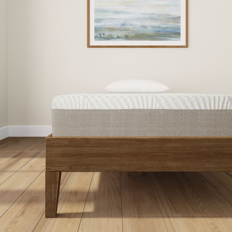 Stylish modern bedroom with wooden bed frame and comfortable mattress in bright minimalist setting.