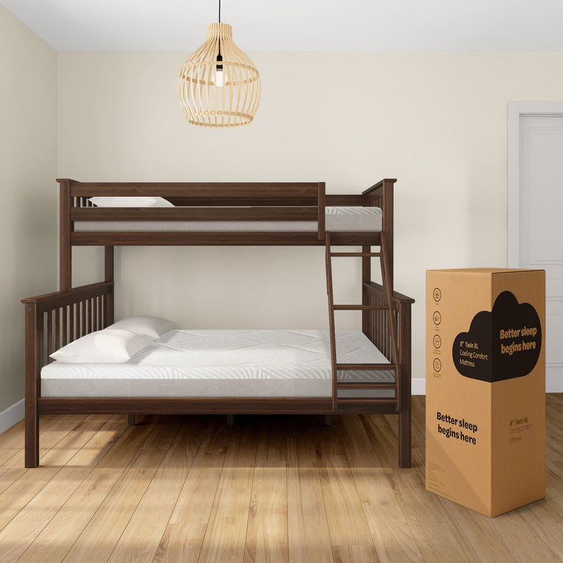 Dark wood twin bunk bed with ladder, featuring white mattresses in a modern bedroom setting.