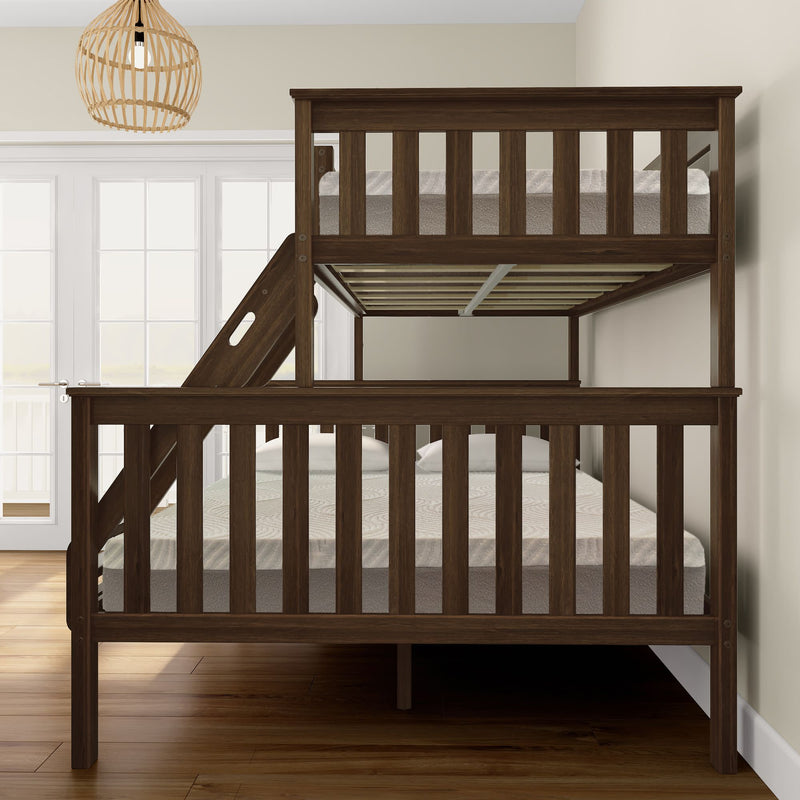 Wooden bunk bed with cozy mattresses in a bright bedroom, ideal for maximizing space and stylish decor.