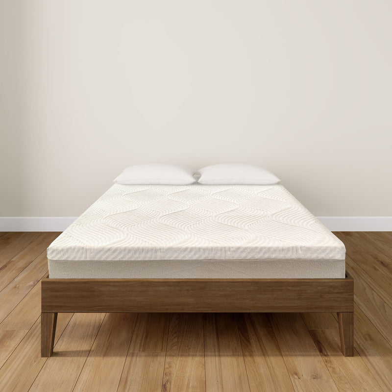 Modern minimalistic bedroom with wooden bed frame and comfortable mattress on hardwood floor.