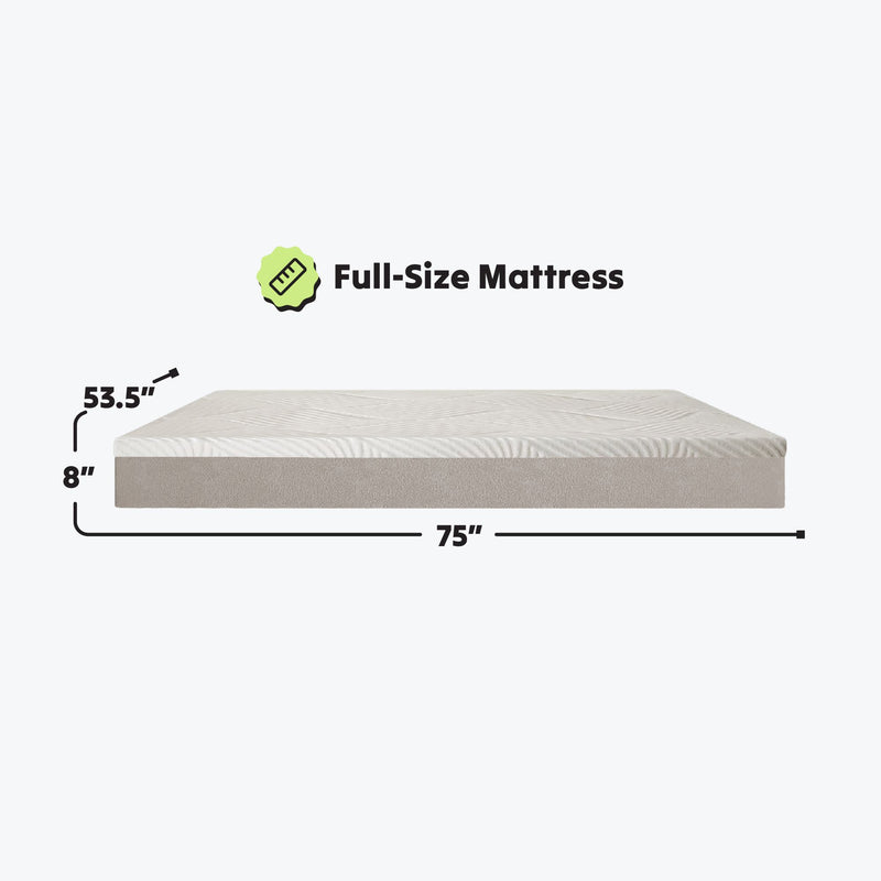 Full-size mattress dimensions 53.5 inches by 75 inches by 8 inches.
