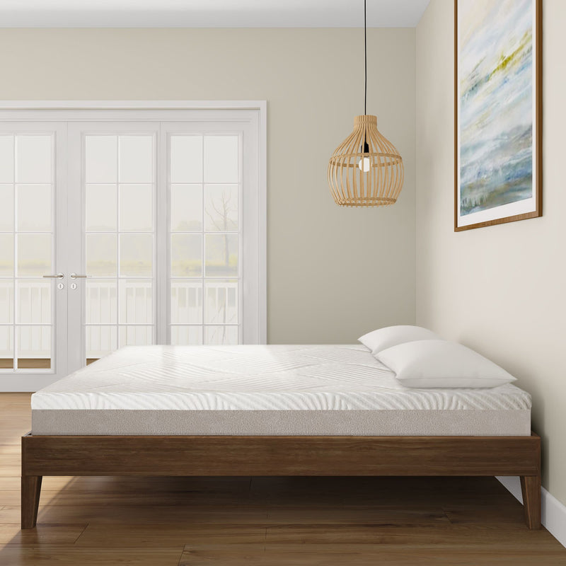 Modern bedroom with wooden bed frame, minimalist decor, and large windows.