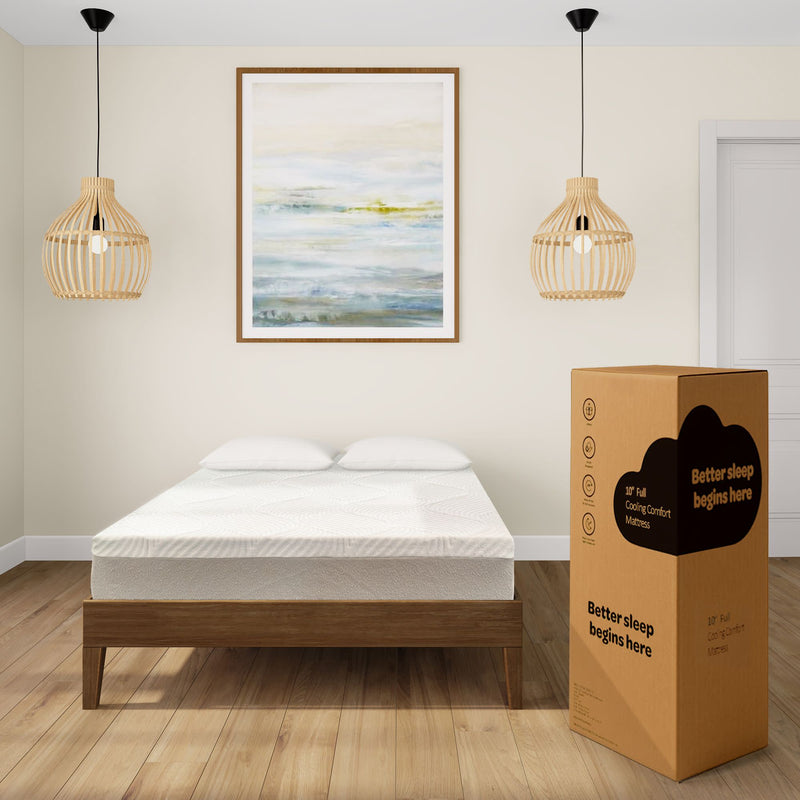 Modern bedroom with a comfortable 10-inch cooling comfort mattress in a minimalist design, featuring elegant pendant lights and a landscape painting above the bed.