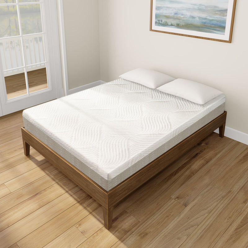 Modern bedroom with a queen size wooden bed frame featuring a comfortable white mattress and pillows.