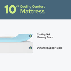 10-inch cooling comfort mattress with gel memory foam and dynamic support base.