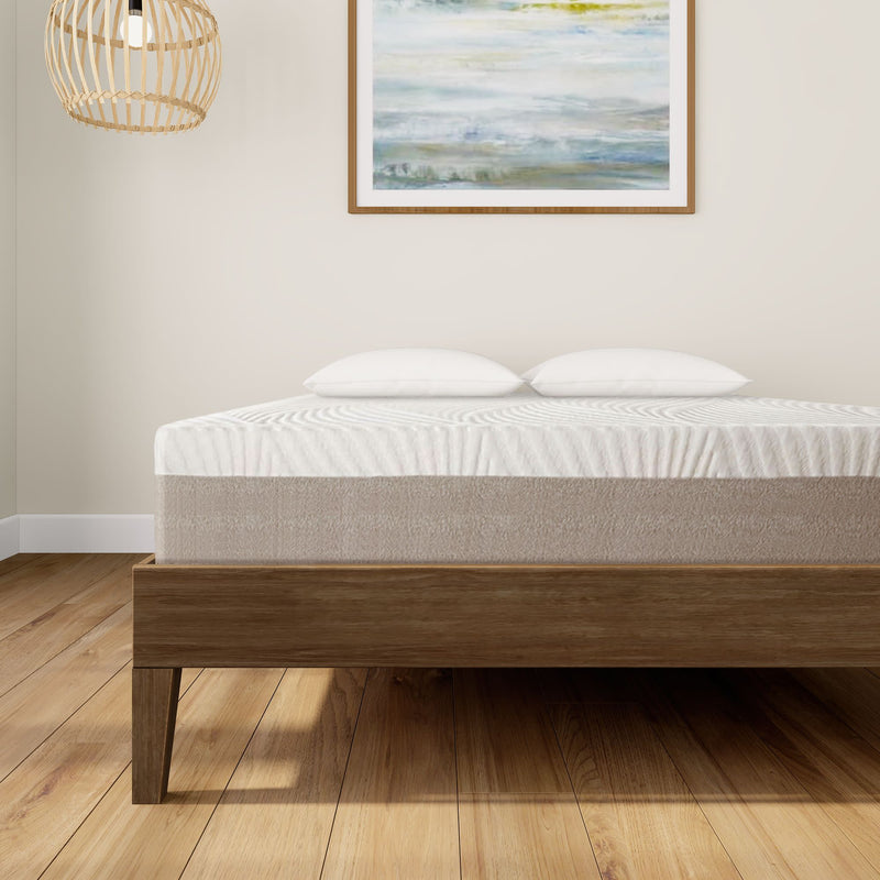 Modern wooden bed frame with comfortable mattress and pillows in a stylish bedroom setting.