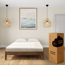 Queen size cooling comfort mattress in modern bedroom setting with wooden bed frame and art.
