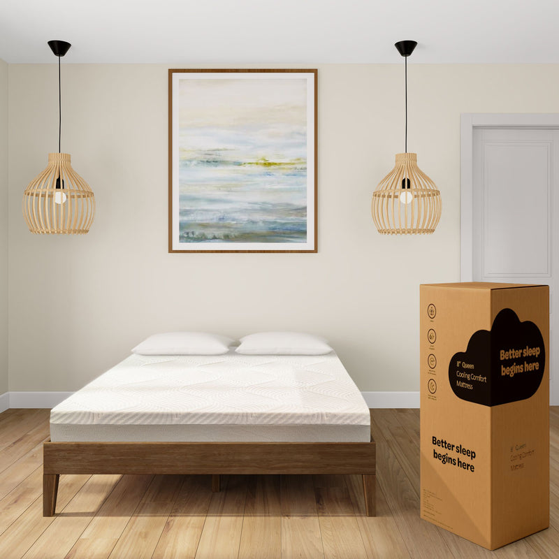 Queen size cooling comfort mattress in modern bedroom setting with wooden bed frame and art.