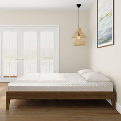 Minimalist bedroom design with wooden bed frame, white mattress, modern pendant light, and abstract wall art.