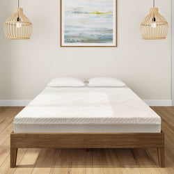 Stylish modern bedroom with a comfortable memory foam mattress on a wooden bed frame, complemented by chic pendant lighting and a serene landscape artwork.
