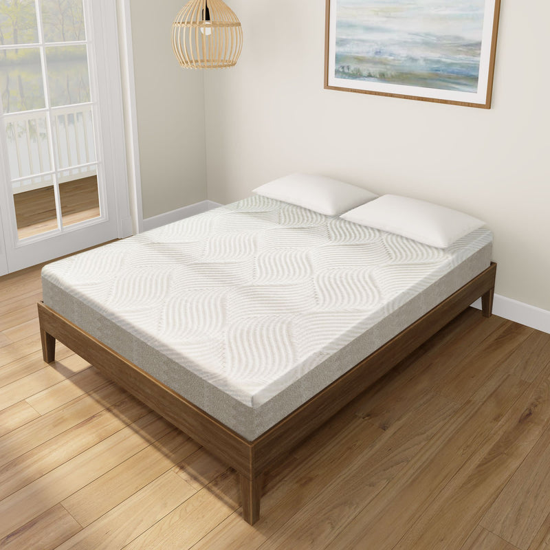 Modern bedroom with a stylish memory foam mattress on a wooden frame, near a large window and wall art.