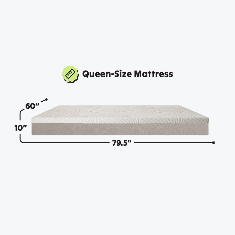 Queen-size mattress dimensions 60 inches by 79.5 inches and 10 inches thick.