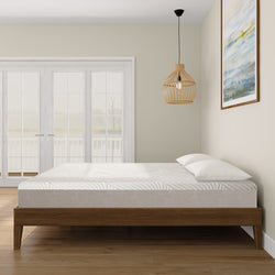 Modern bedroom with a sleek wooden bed frame, minimalist decor, and a comfortable mattress near large French doors.