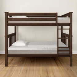 Dark wood bunk bed with ladder in a modern bedroom setting.