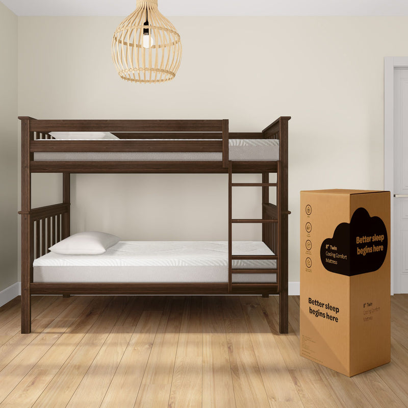 Dark wood bunk bed with white mattresses and a packaging box labeled "Better sleep begins here" in a minimalist bedroom.