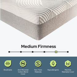 Medium firmness mattress with breathable, anti-microbial cotton blend cover, non-toxic materials, hypoallergenic, and machine washable feature.